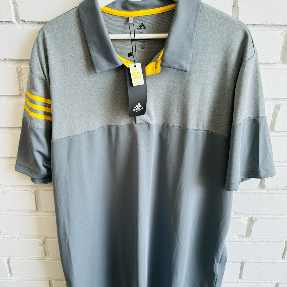 Adidas Men's Gray Polo Shirt with Yellow Accents